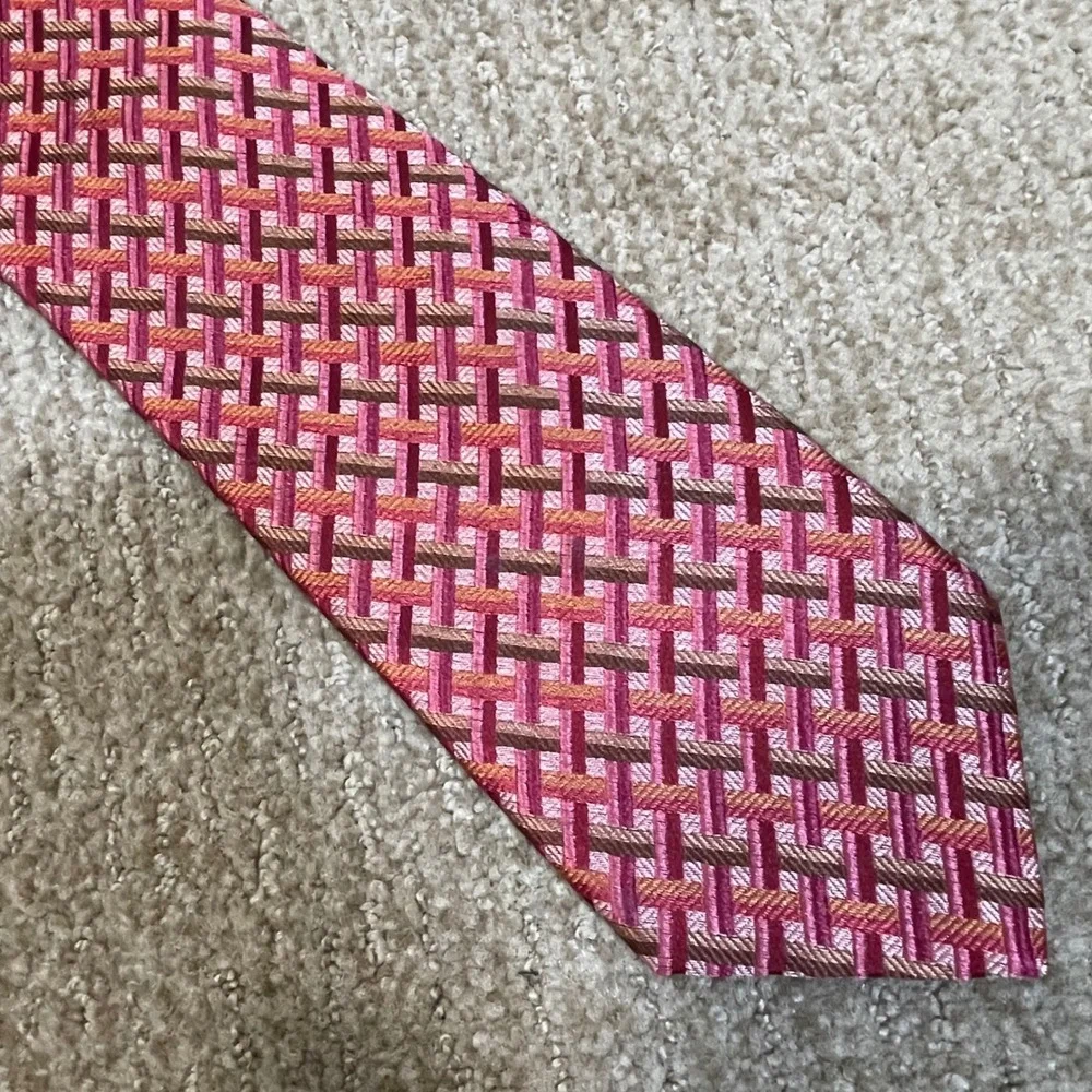 Ike‎ Behar Silk Necktie Mens Burgundy Tan Geometric Basketweave Professional